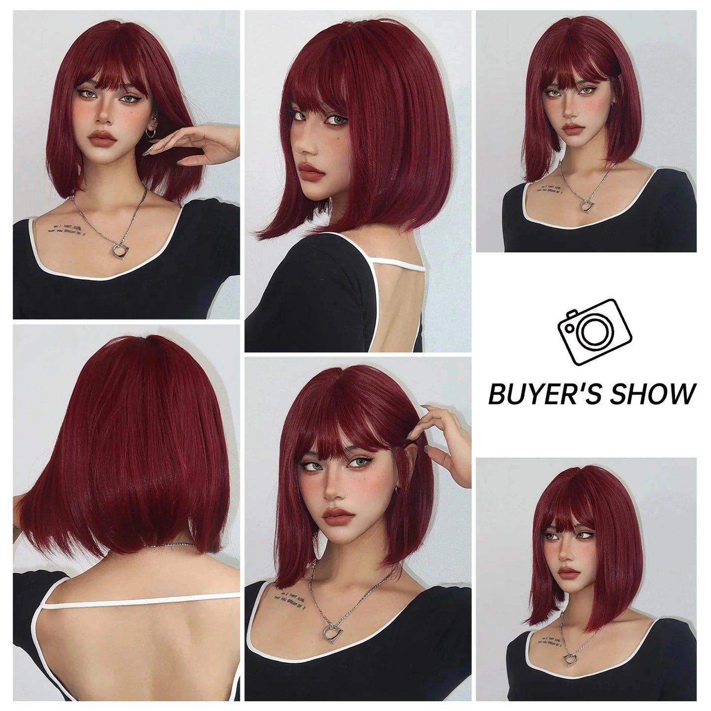 Short bob hairstyle, wine red synthetic wig, Halloween party cosplay wig, daily high-temperature hair accessory wig set