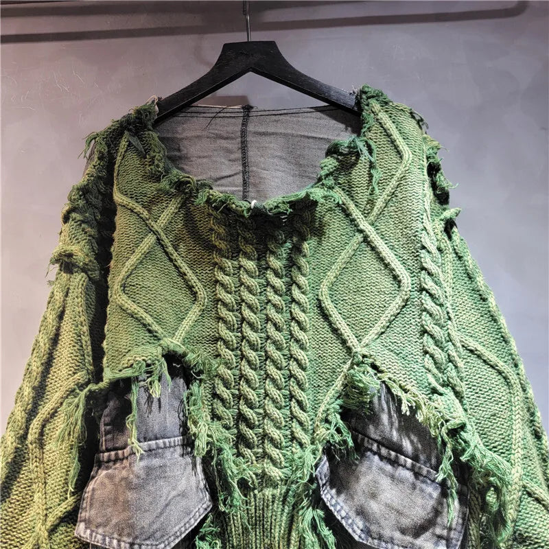 DEAT Women Pullover Long Sleeve Irregular Do Old Patchwork Pockets Vintage Washed Denim Sweater 2026 Summer New Fashion 29L8195
