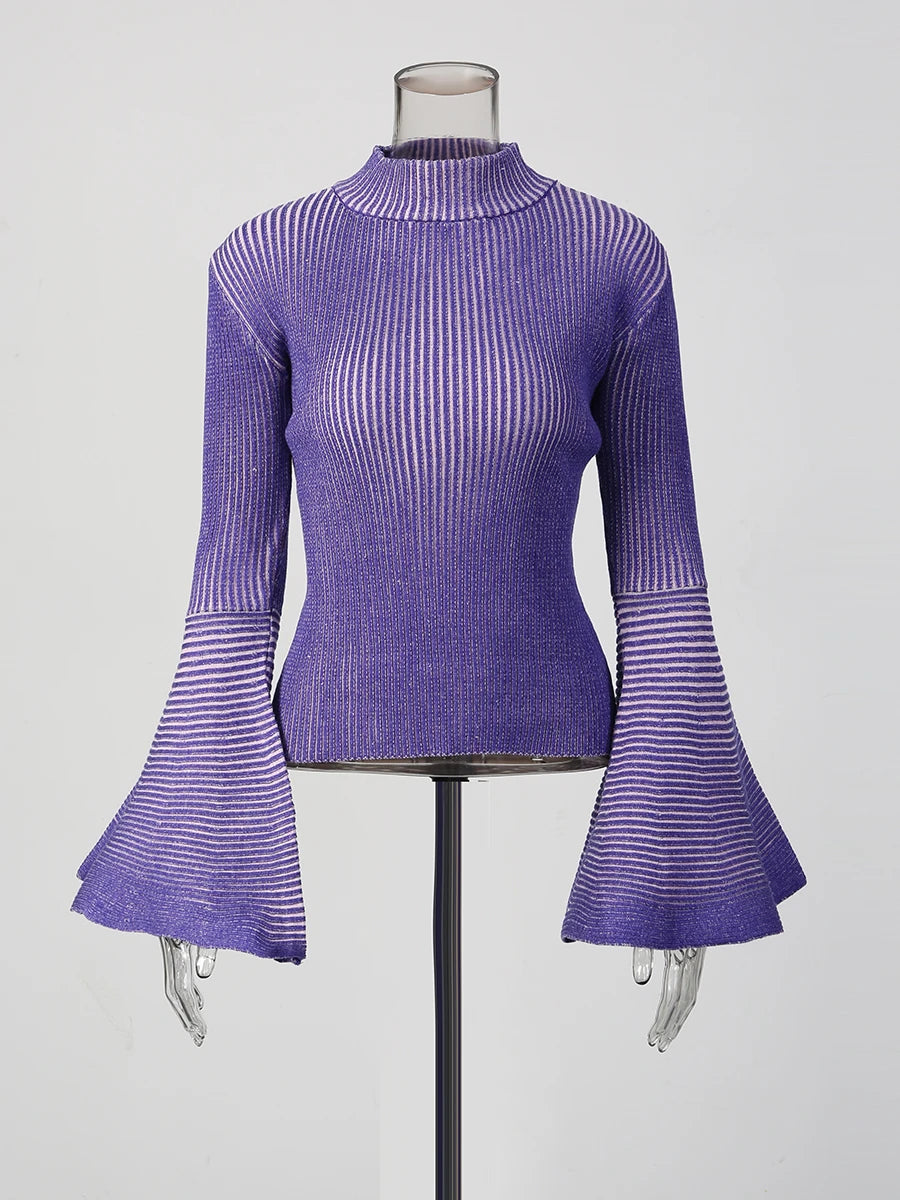 TWOTWINSTYLE Hit Color Spliced Striped Fashion Sweaters for Women Stand Neck Long Sleeves Patchwork Ruffles Sweater Female New