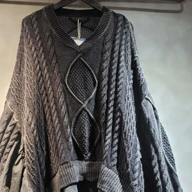 DEAT 2024 Autumn New Fashion Women's Twists Knitting Spliced Sweater Loose Bat Sleeve V-neck Long Pullovers Female 33A1448