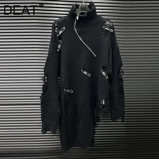DEAT 2025 Early Autumn New Half High Neck Pin Hole Sweater For Women Fashion Irregular Niche Design Long Knit Pullover 11A06148