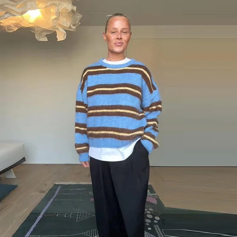 Women's Sweater Knitwear Striped Pullover Pulls Femmes Color Block Blouse O-neck Long Sleeve Loose Knit Sweater 2026 Spring Wear