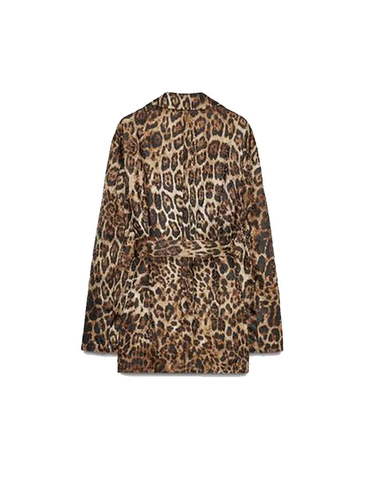 Women's Jackets Pants Animal Printed Suits 2 Piece Set Outwear Belt Lapel Collar Coats Vintage Autumn Woman Clothes