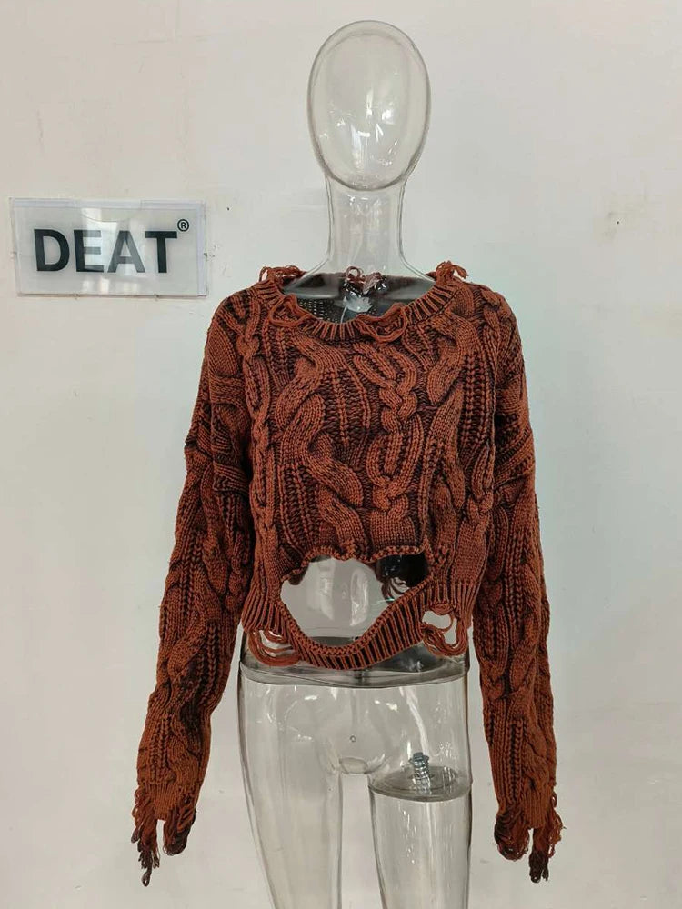 DEAT 2025 Spring Women's Knit Sweater Hollow Out Wash Hole Loose High Street Round Neck Long Sleeve Pattern Pullover 11XX6062