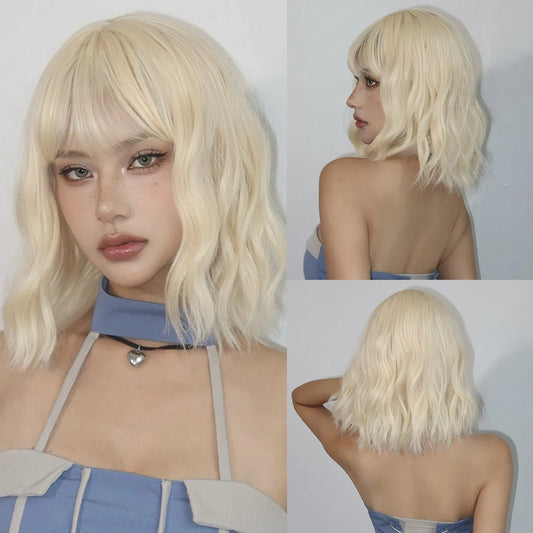 Platinum Blonde Short Curly Bob Glueless Synthetic Wig with Bangs - Lolita/Cosplay Ready