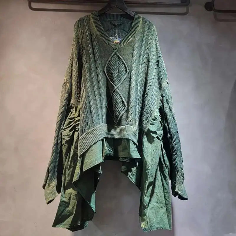 DEAT 2024 Autumn New Fashion Women's Twists Knitting Spliced Sweater Loose Bat Sleeve V-neck Long Pullovers Female 33A1448