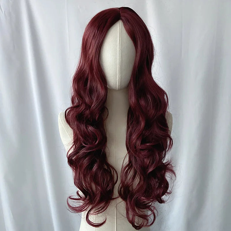 Wine Red Long Curly Glueless Lace Front Wig - Synthetic Heat Resistant, Bold Party Style