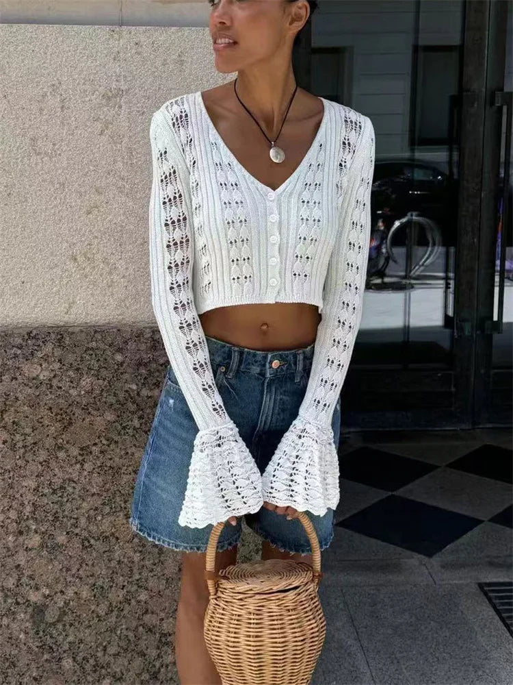 Tossy Knitwear Hollow Out Sweater Cardigan Women V-Neck Long Sleeve See-Through Cropped Top Summer Knit Patchwork Cardigan Top