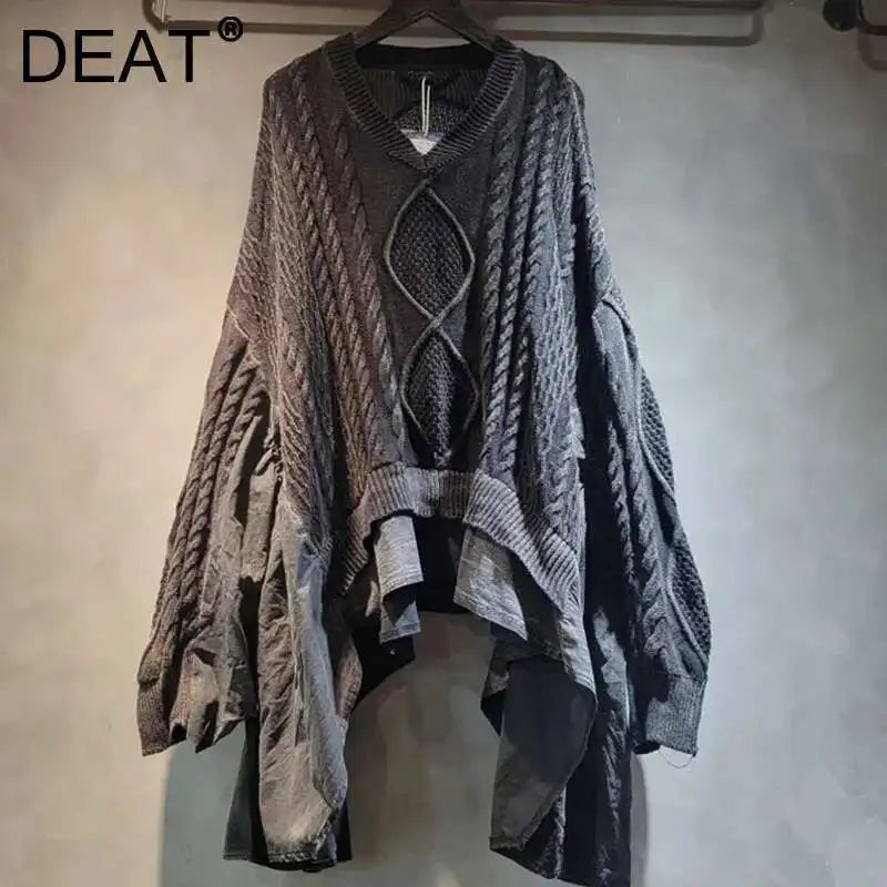 DEAT 2024 Autumn New Fashion Women's Twists Knitting Spliced Sweater Loose Bat Sleeve V-neck Long Pullovers Female 33A1448