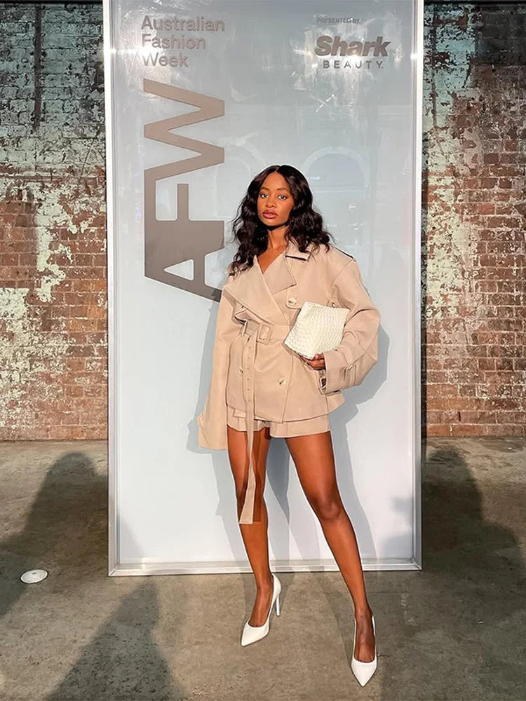 Trench Coat For Woman Outwear Lapel Windbreaker Mini Pants Lace Up Belt Jackets High Street Casual Tops Chic Women Fall Clothes