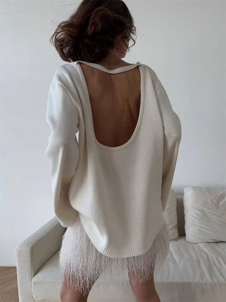 Tossy Female Backless Loose Knitwear Sweater Solid Casual Elegant Long Sleeve Patchwork Commute Clothes Women's Knit Pullover