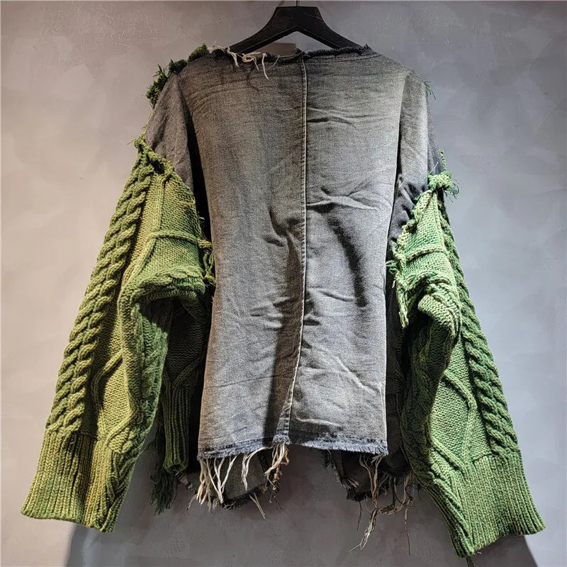 DEAT Women Pullover Long Sleeve Irregular Do Old Patchwork Pockets Vintage Washed Denim Sweater 2026 Summer New Fashion 29L8195