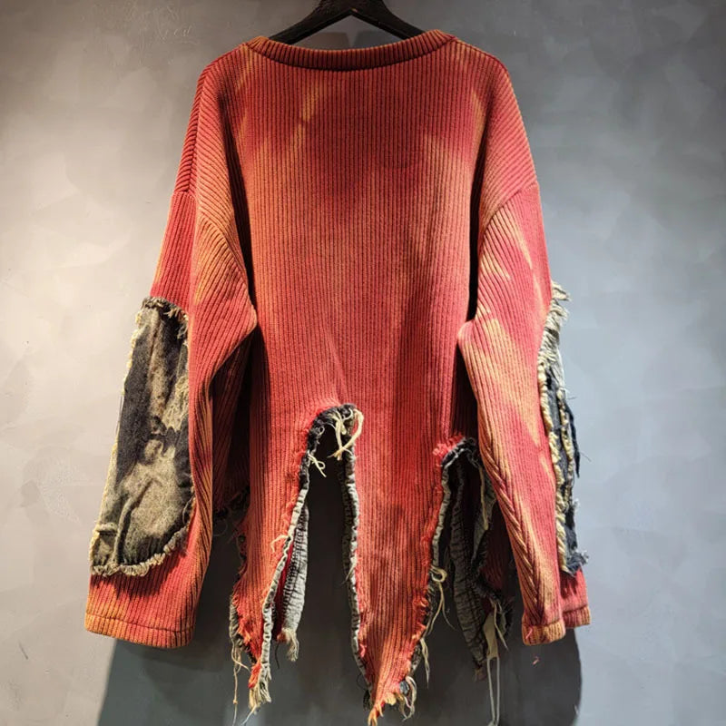 DEAT Fashion Women's Irregular Design Contrast Color Pullovers Loose O-neck Long Sleeve Sweater Female 2024 Autumn New 29L8194