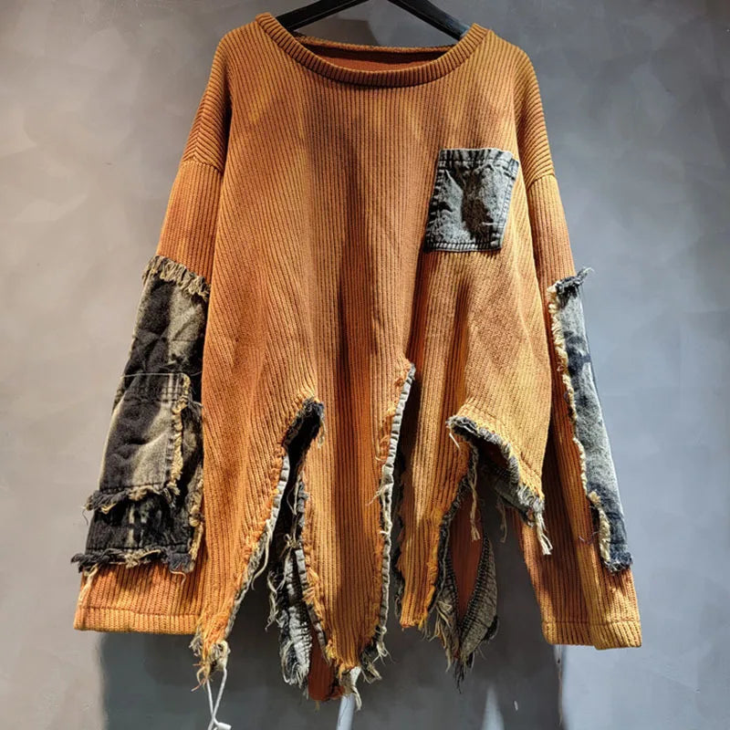 DEAT Fashion Women's Irregular Design Contrast Color Pullovers Loose O-neck Long Sleeve Sweater Female 2024 Autumn New 29L8194