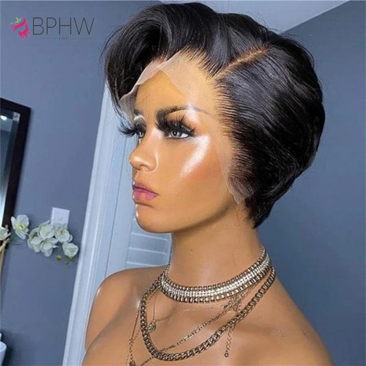 Human Hair 13x4 Short Pixie Cut Lace Front Wig for Women Black Pixie Cut Transparent Frontal Wig Layered Straight Pixie Cut Wigs