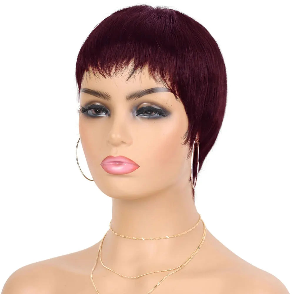 Short Human Hair Wigs with Bangs Short Pixie Wig Human Hair for Women Fashion Full Machine Duby Wig Cheap Black Red  Party Wigs