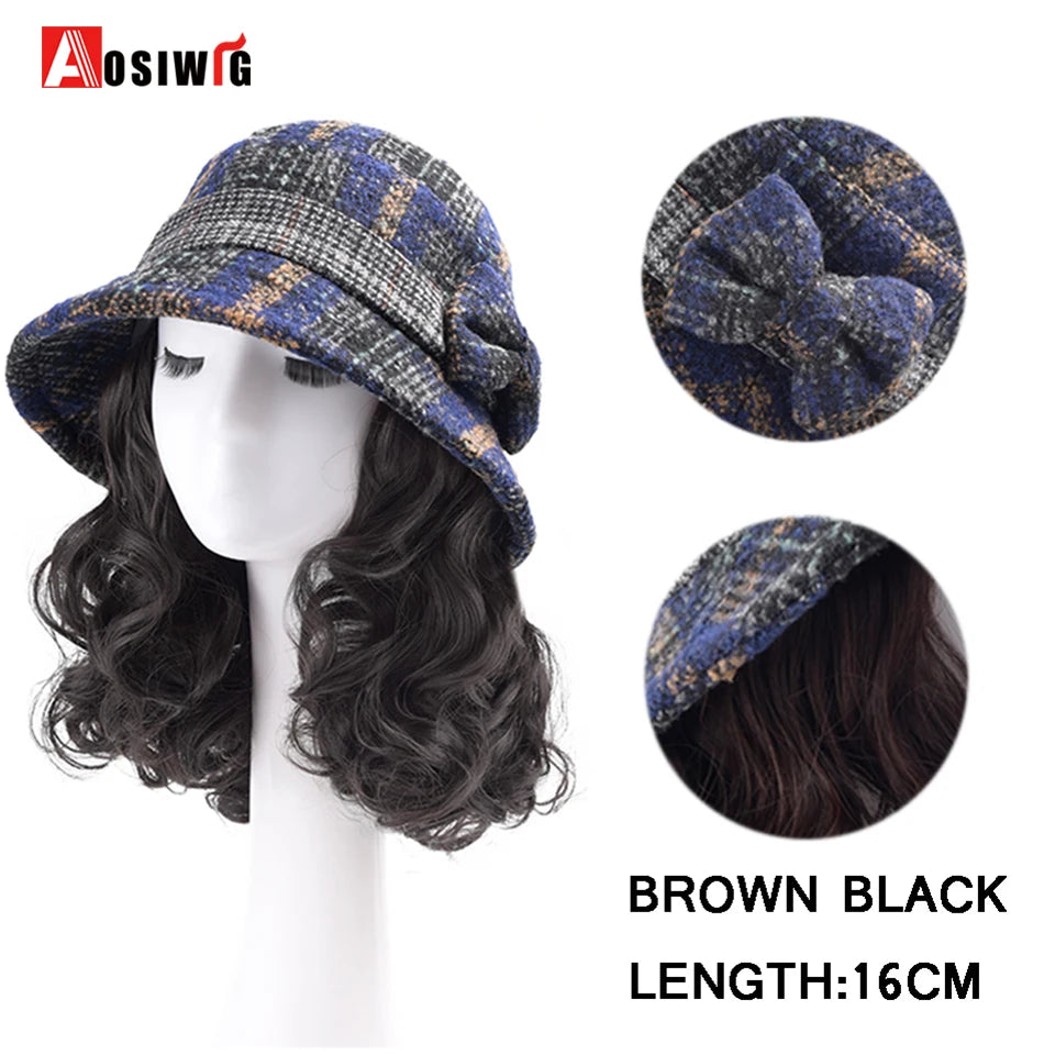 Hat Wig Synthetic Short Curly Wavy Hair Wigs With Hat Fisherman's Cap Wig Hair Extension Black Brown Wig Cap