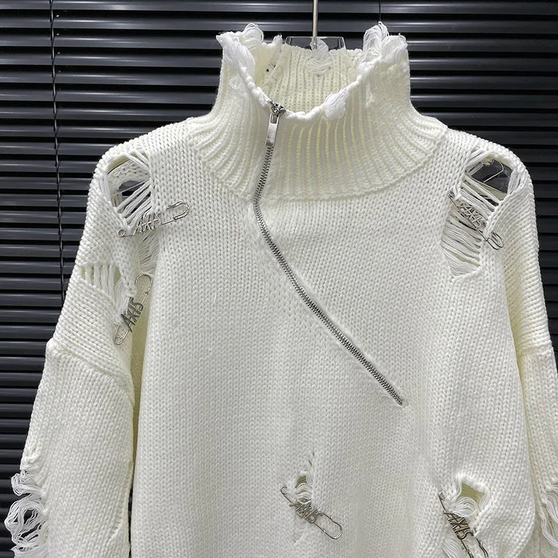 DEAT 2025 Early Autumn New Half High Neck Pin Hole Sweater For Women Fashion Irregular Niche Design Long Knit Pullover 11A06148