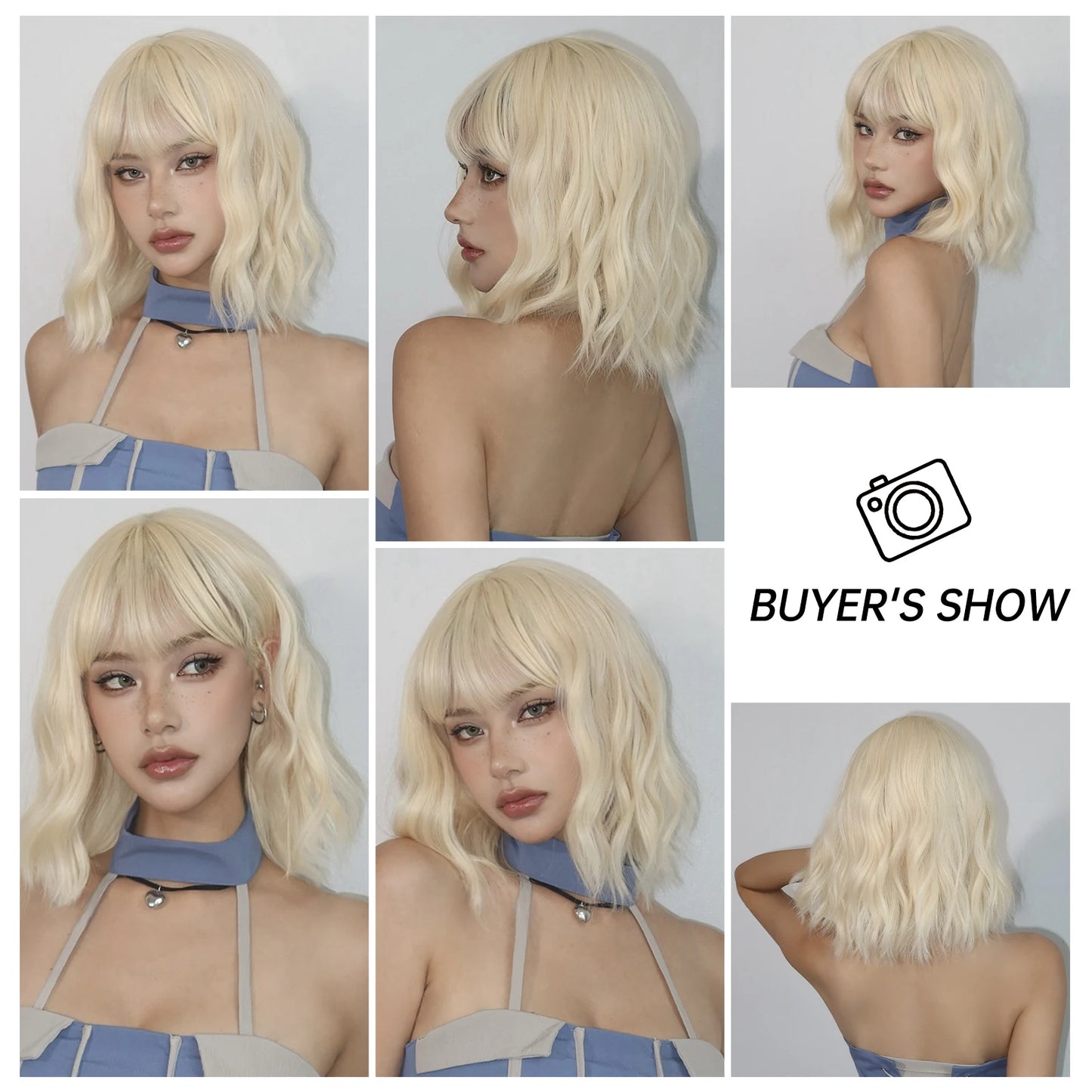 Platinum Blonde Short Curly Bob Glueless Synthetic Wig with Bangs - Lolita/Cosplay Ready