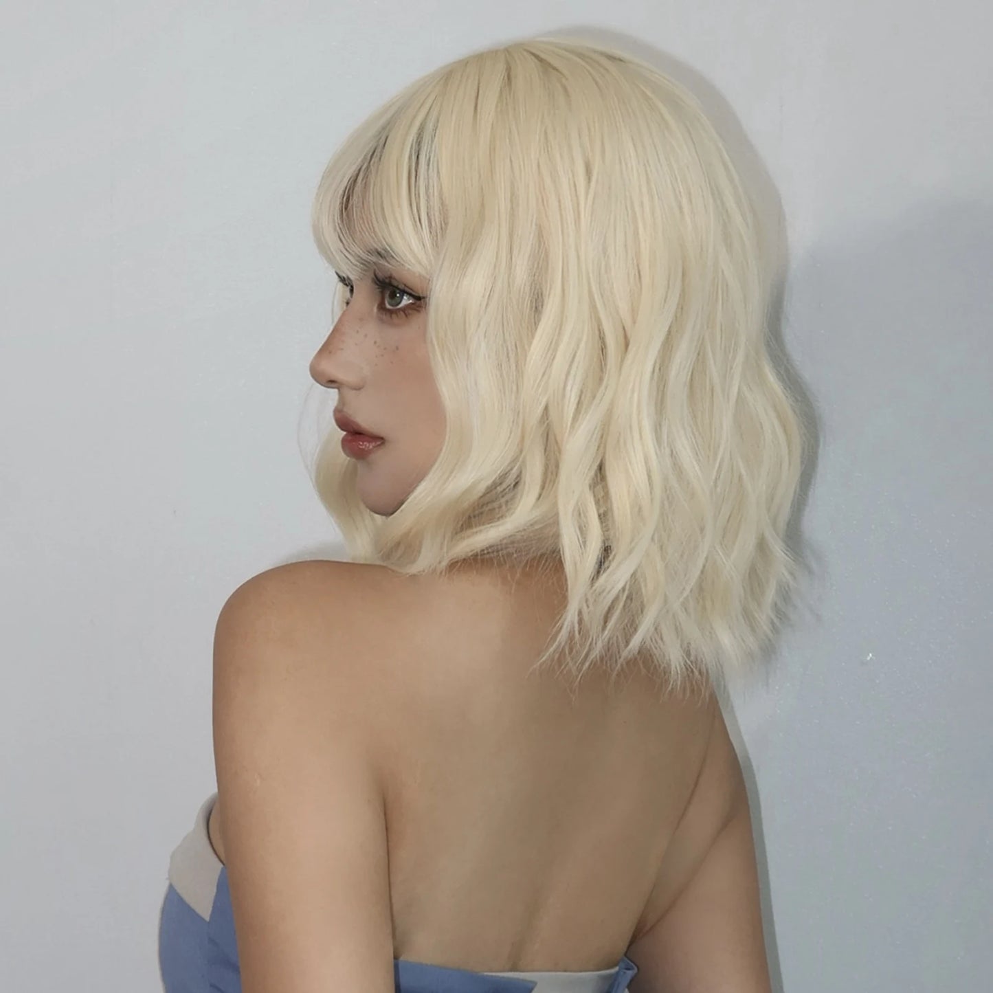 Platinum Blonde Short Curly Bob Glueless Synthetic Wig with Bangs - Lolita/Cosplay Ready