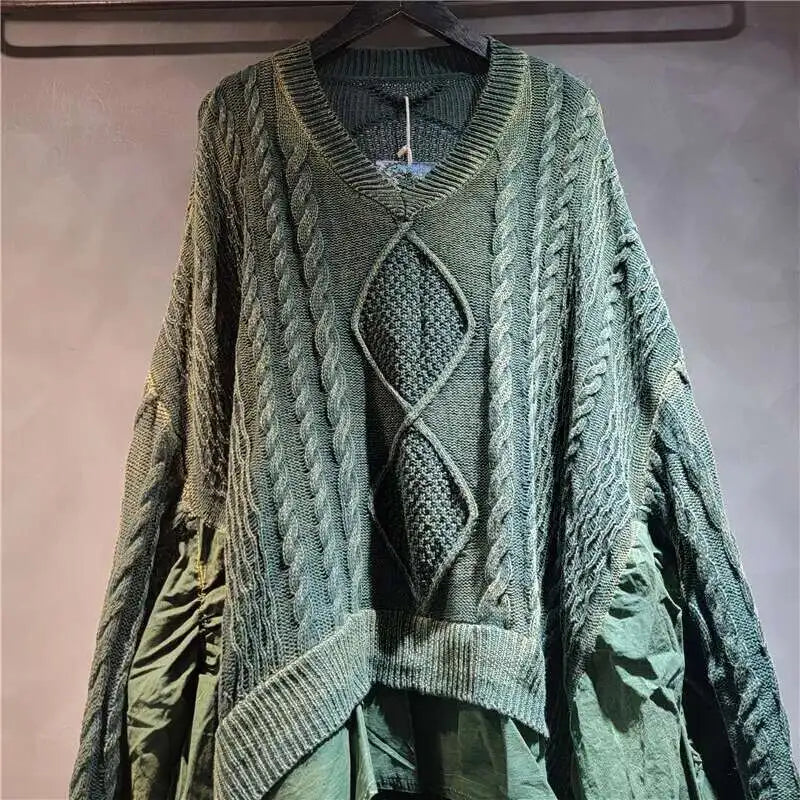 DEAT 2024 Autumn New Fashion Women's Twists Knitting Spliced Sweater Loose Bat Sleeve V-neck Long Pullovers Female 33A1448