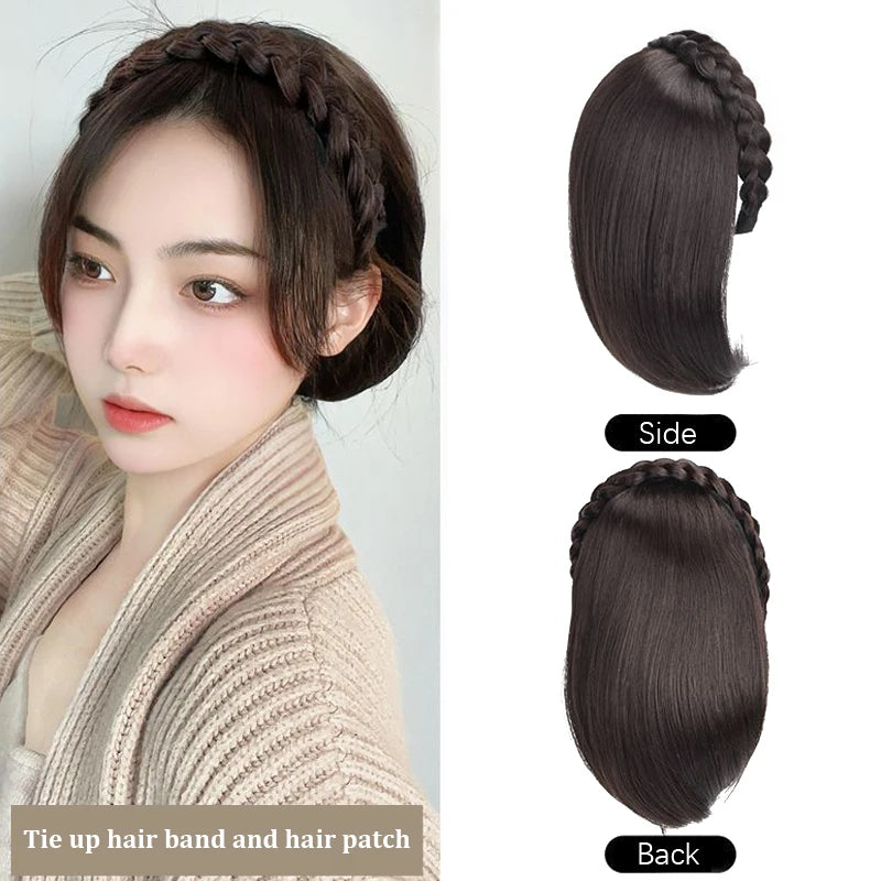 Short Headband Wig with Fish Bone Patch - Glueless Integrated Human Hair, Brown/Black
