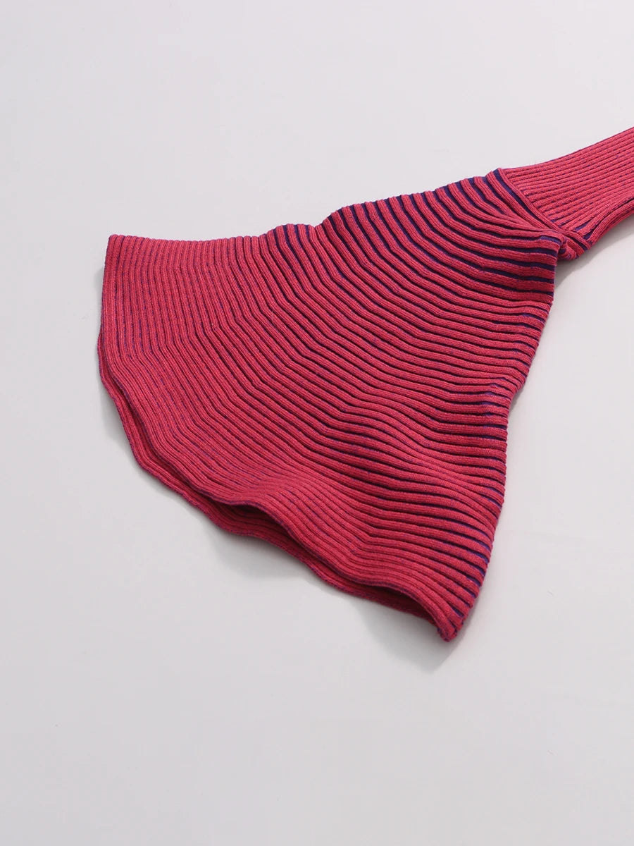 TWOTWINSTYLE Hit Color Spliced Striped Fashion Sweaters for Women Stand Neck Long Sleeves Patchwork Ruffles Sweater Female New