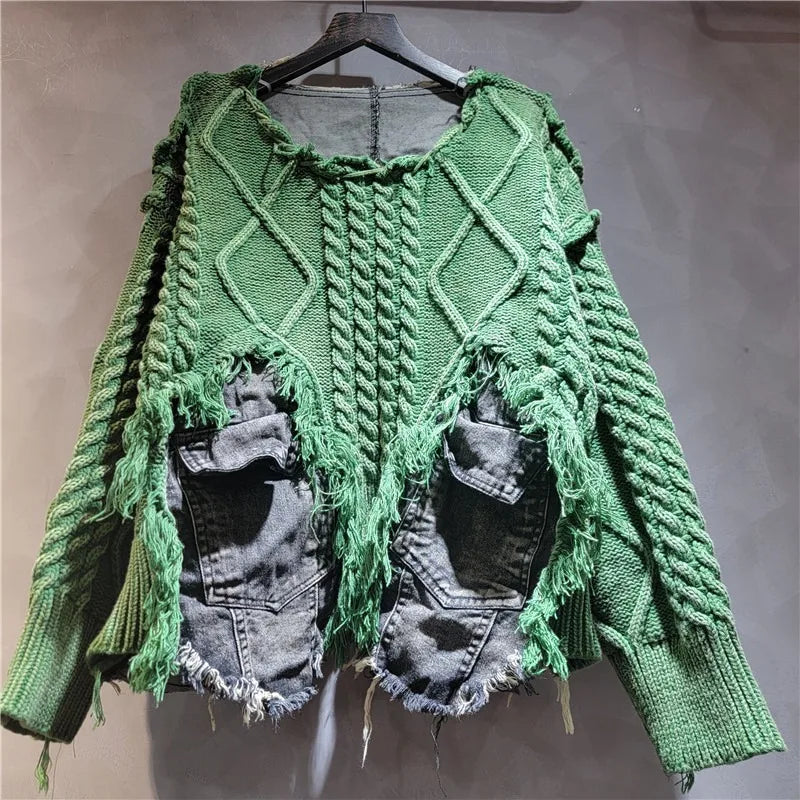 DEAT Women Pullover Long Sleeve Irregular Do Old Patchwork Pockets Vintage Washed Denim Sweater 2026 Summer New Fashion 29L8195