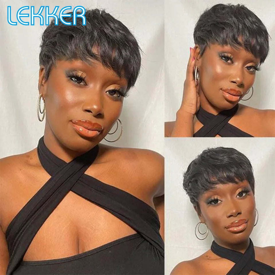 Lekker Clearance Short Pixie Cut Straight Bob 100% Human Hair Wig With Bangs For Women Brazilian Remy Hair Nature Daily Wigs