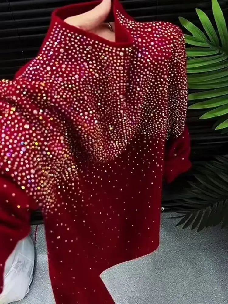 Luxury Design Diamonds Hot Drilling Slim Fit Wine Red Sweater Women Autumn/Winter Knitwear Bottoming Pullovers Femme Clothes