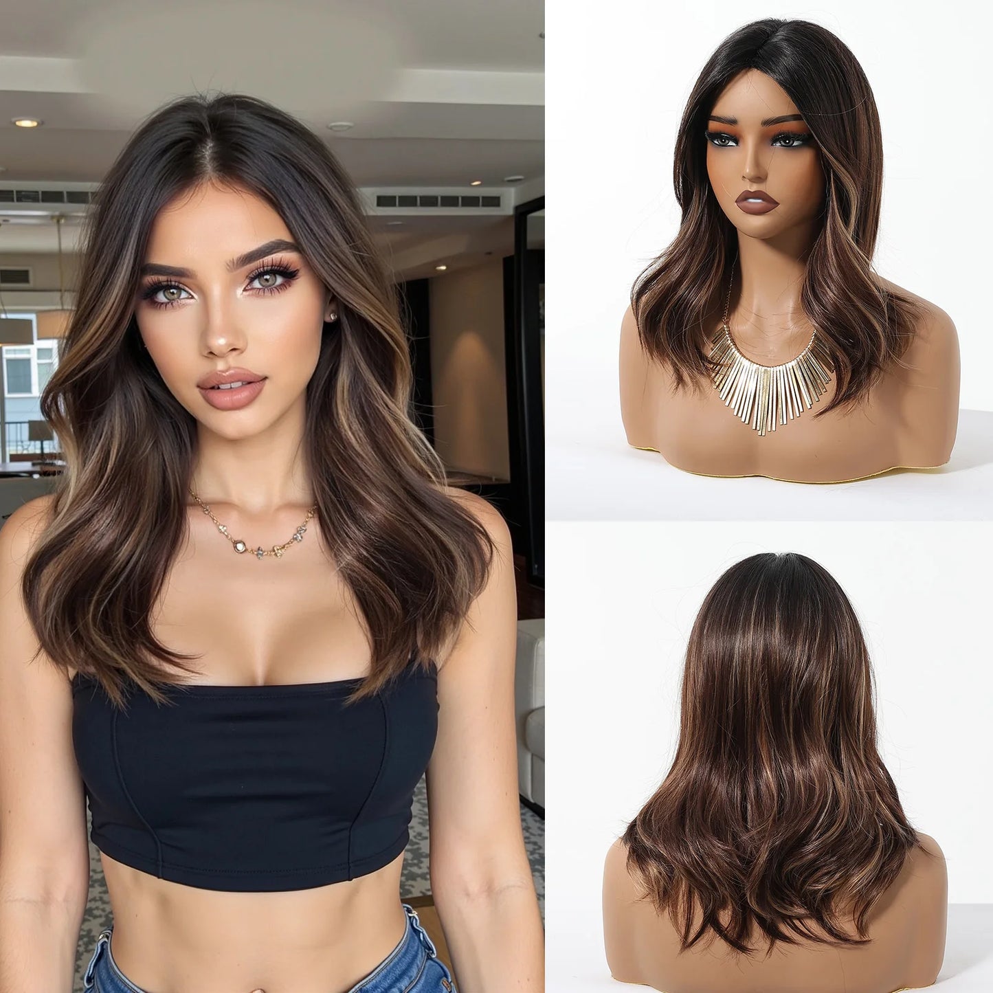 Ombre Blonde Brown Long Body Wave Glueless Synthetic Wig - Middle Part with Highlights