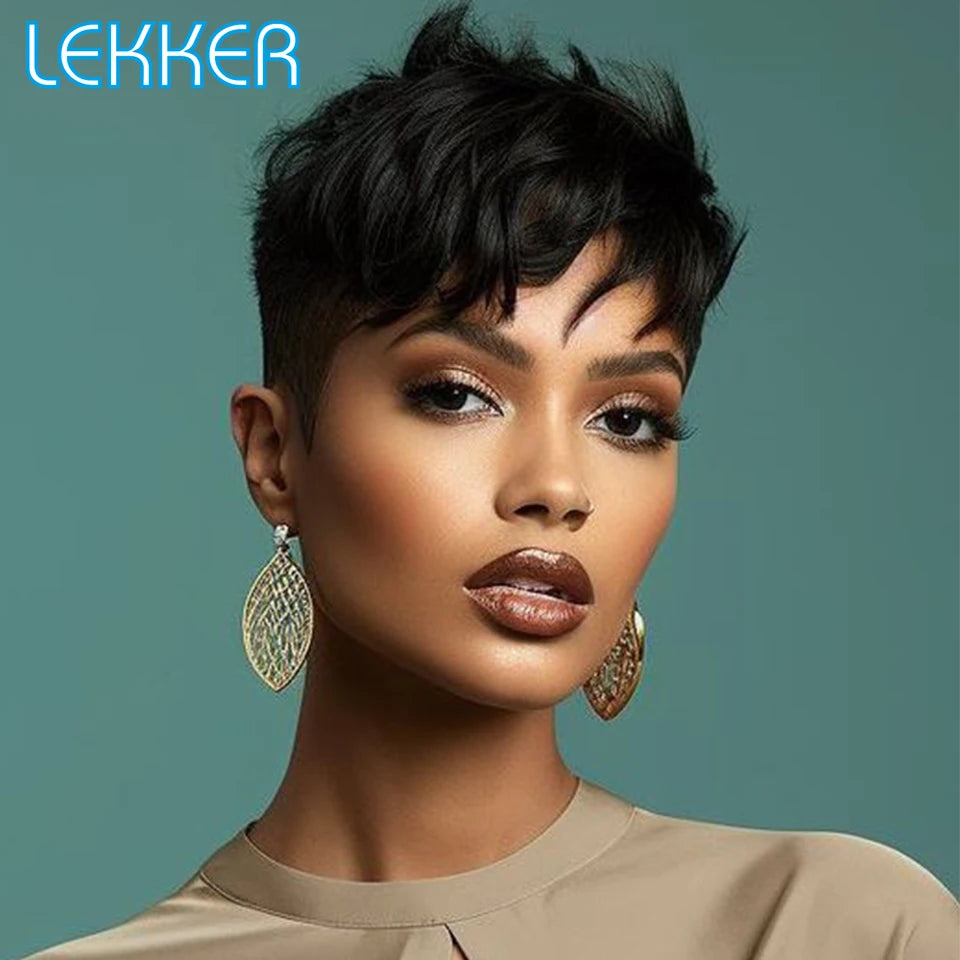 Lekker Clearance Short Pixie Cut Straight Bob 100% Human Hair Wig With Bangs For Women Brazilian Remy Hair Nature Daily Wigs