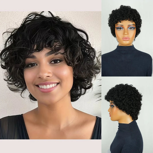 Short Loose Curly Bob With Bangs 100% Human Hair Wigs For Women Brazilian Remy Hair Natural Black Full Machine Made Wigs