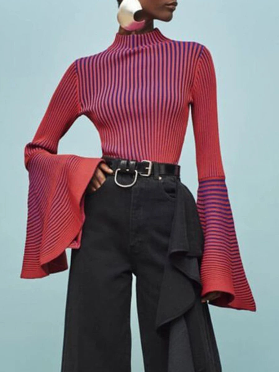 TWOTWINSTYLE Hit Color Spliced Striped Fashion Sweaters for Women Stand Neck Long Sleeves Patchwork Ruffles Sweater Female New