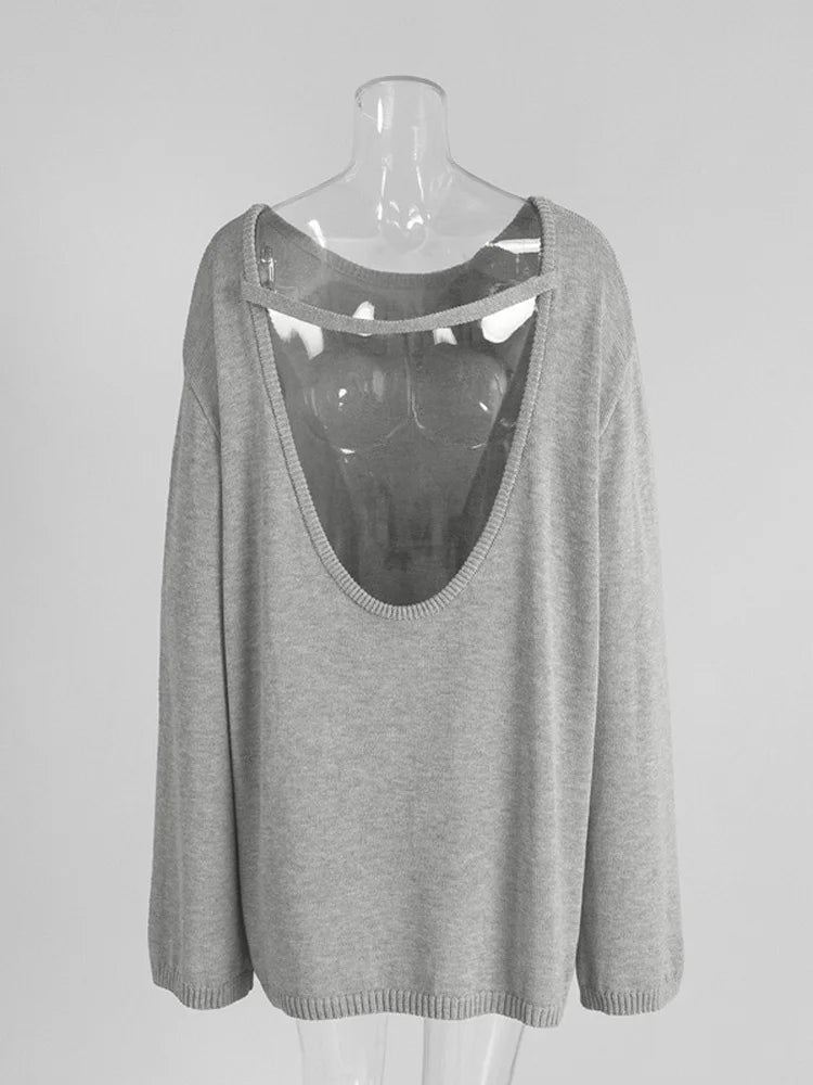 Tossy Female Backless Loose Knitwear Sweater Solid Casual Elegant Long Sleeve Patchwork Commute Clothes Women's Knit Pullover