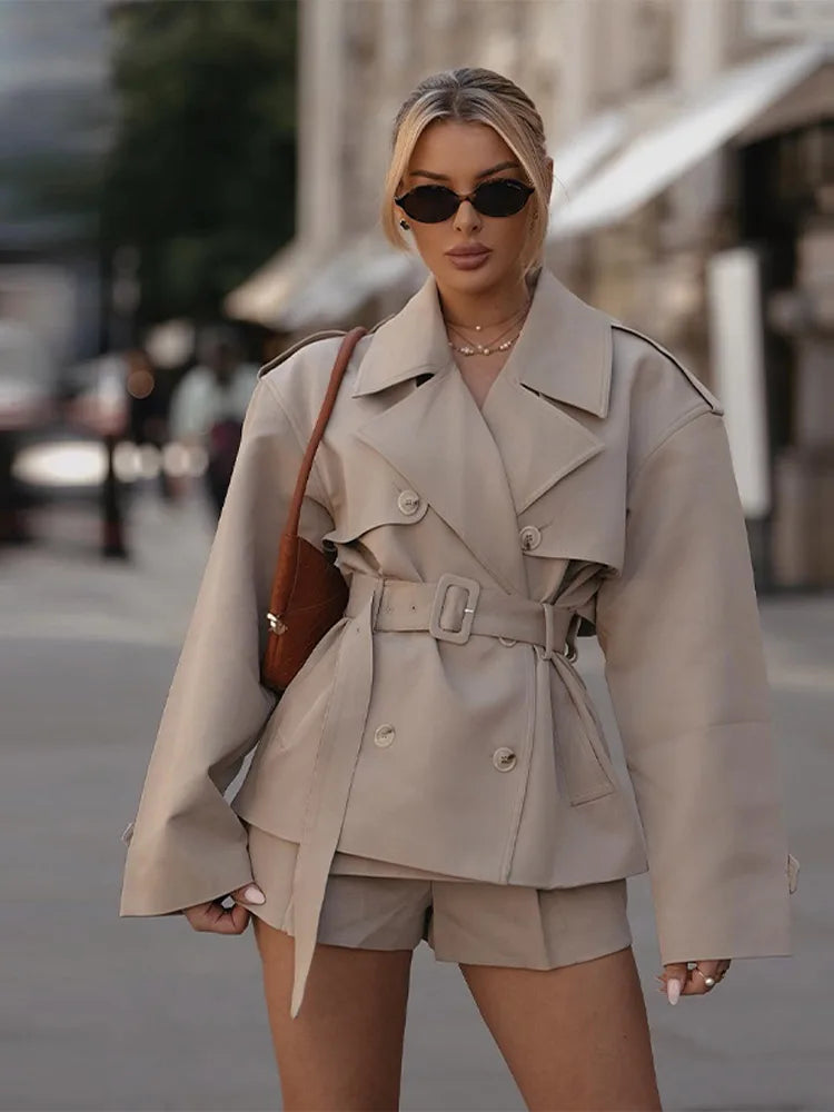 Trench Coat For Woman Outwear Lapel Windbreaker Mini Pants Lace Up Belt Jackets High Street Casual Tops Chic Women Fall Clothes