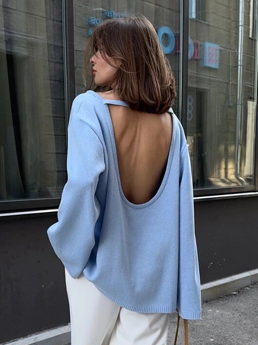 Tossy Female Backless Loose Knitwear Sweater Solid Casual Elegant Long Sleeve Patchwork Commute Clothes Women's Knit Pullover