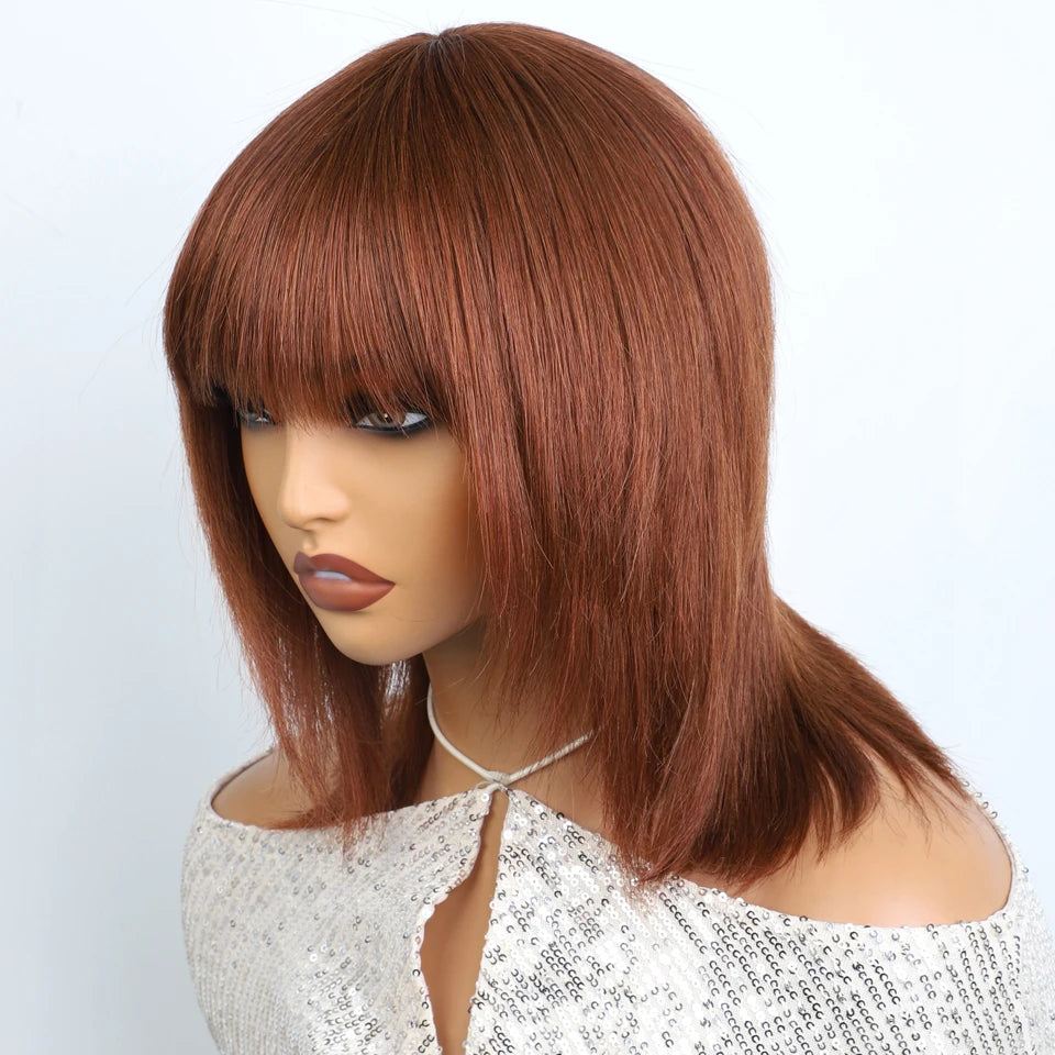 Lekker Glueless Short Brown Wolf Cut Straight Bob Human Hair Wigs With Bangs For Women Brazilian Remy Hair Ready to Wear Bob Wig