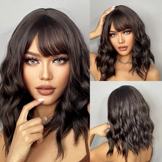 Dark Brown Short Wavy Bob Glueless Synthetic Wig with Bangs - Heat Resistant