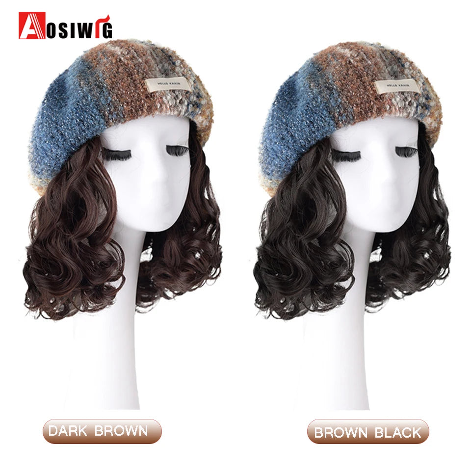 Hat Wig Synthetic Short Curly Wavy Hair Wigs With Hat Fisherman's Cap Wig Hair Extension Black Brown Wig Cap