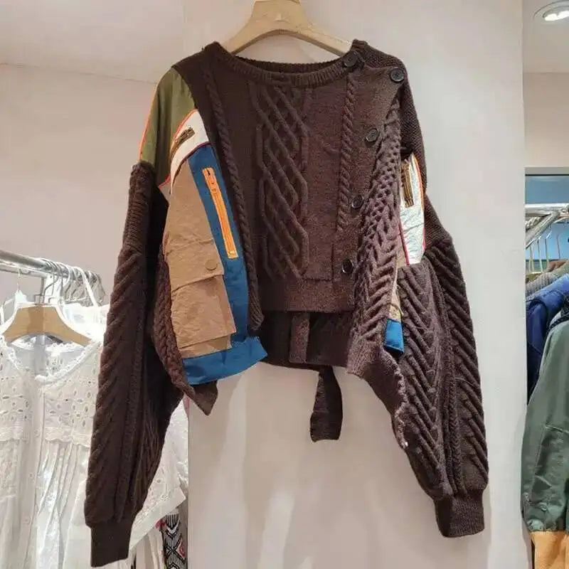 DEAT 2025 Autumn New Niche Design Irregular Splicing Knitted Sweater For Women Fashion Loose Single-breasted Pullover 33A2043