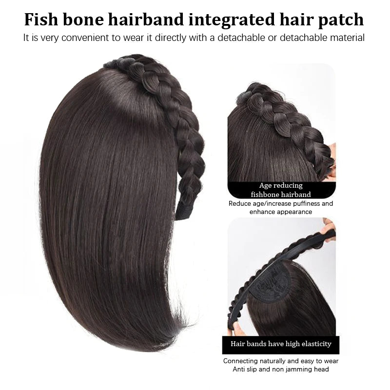 Short Headband Wig with Fish Bone Patch - Glueless Integrated Human Hair, Brown/Black