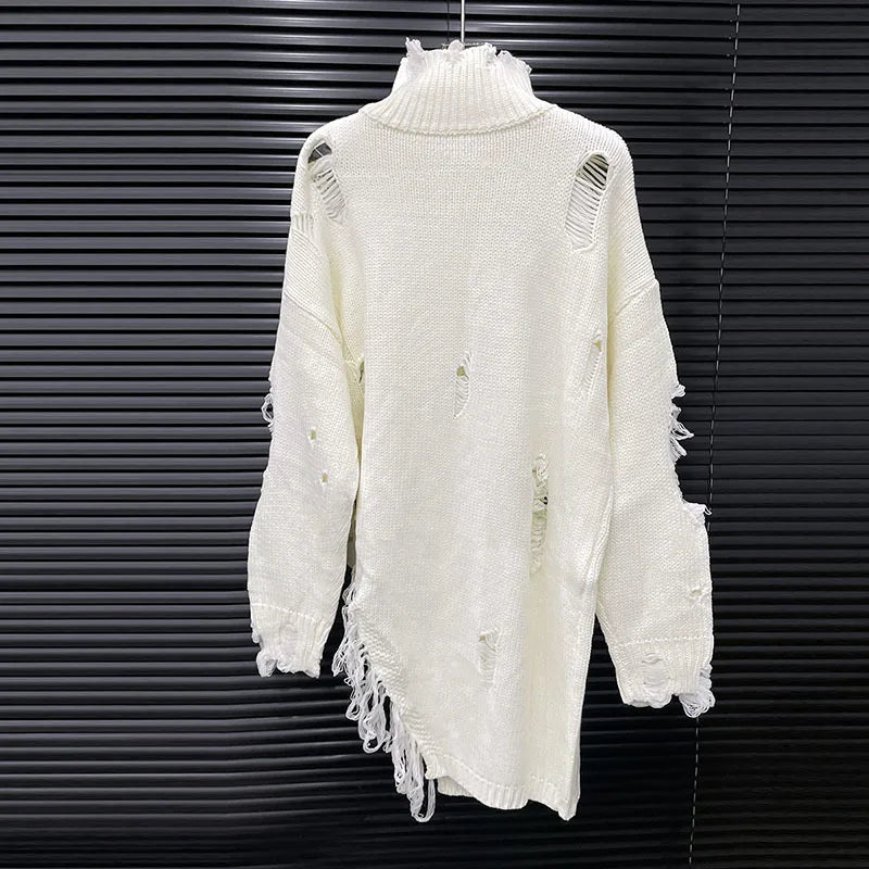 DEAT 2025 Early Autumn New Half High Neck Pin Hole Sweater For Women Fashion Irregular Niche Design Long Knit Pullover 11A06148