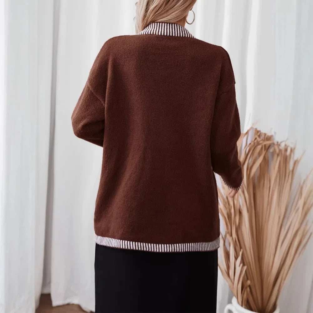 Single Breasted Knitted Jumpers Women Spliced Sweater V Neck Cardigan Casual Loose Fit Print Sweaters Slight Strech Buttons