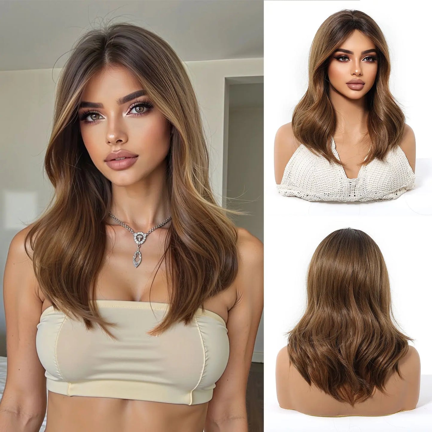 Ombre Blonde Brown Long Body Wave Glueless Synthetic Wig - Middle Part with Highlights