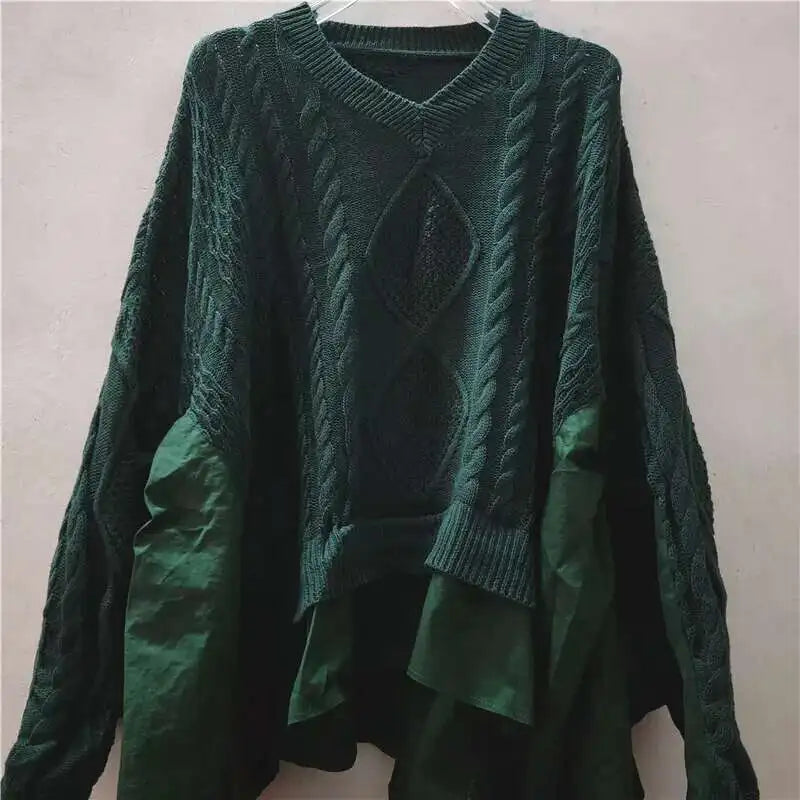 DEAT 2024 Autumn New Fashion Women's Twists Knitting Spliced Sweater Loose Bat Sleeve V-neck Long Pullovers Female 33A1448
