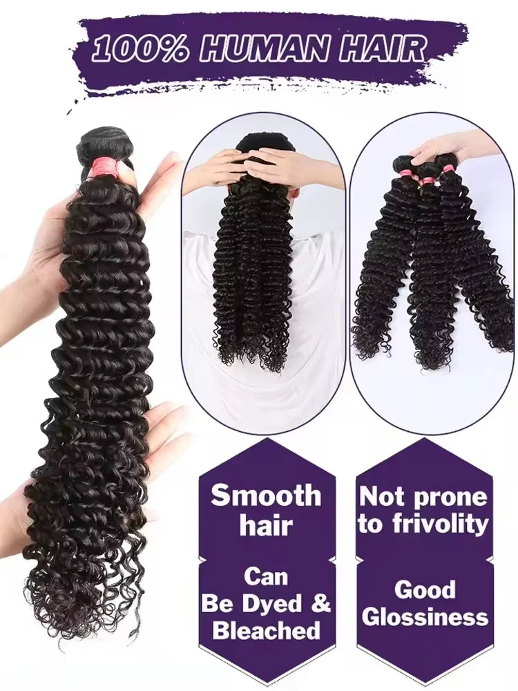 28 30 32Inches Deep Wave Human Hair Bundles Brazilian Remy Unprocessed Weaving Curly Human Hair Bundles 1 2 3 4 Extensions Deals