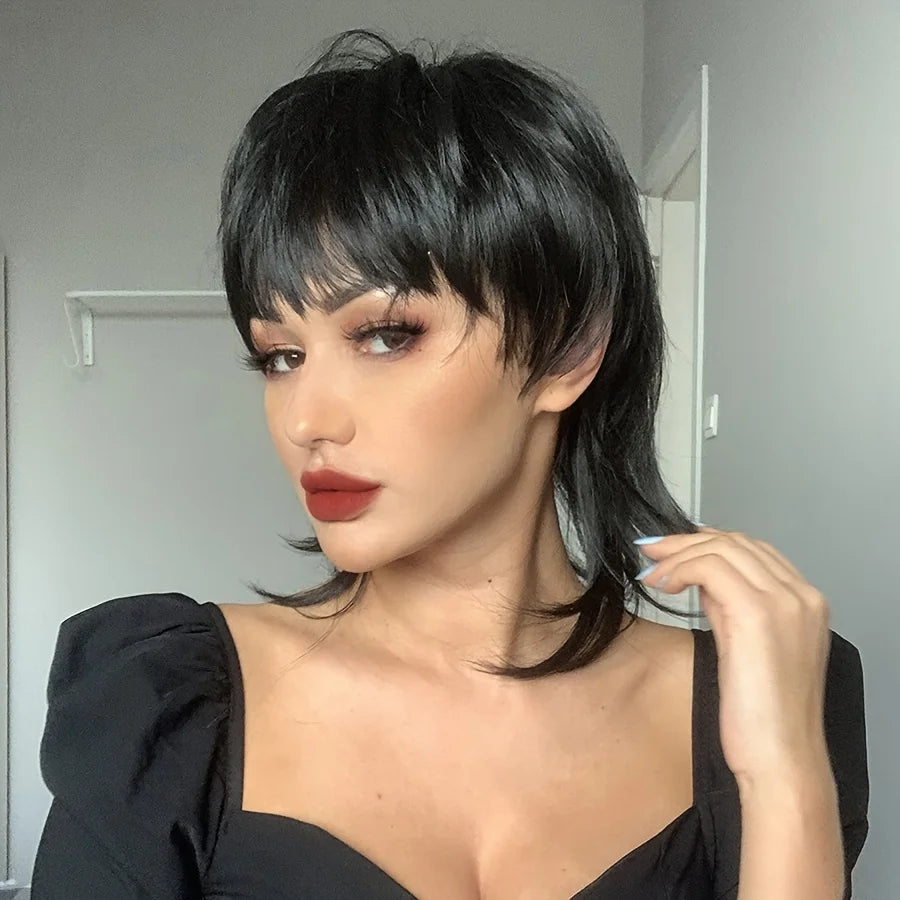StrRid Short Black Wig Shaggy Layered 80s Mullet Wig Pixie Cut Wig With Bangs Curly Synthetic Natural Fake Hair Replacement Wigs