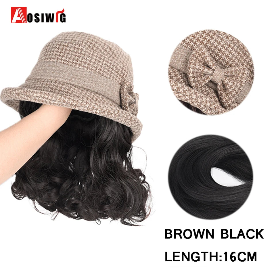 Hat Wig Synthetic Short Curly Wavy Hair Wigs With Hat Fisherman's Cap Wig Hair Extension Black Brown Wig Cap