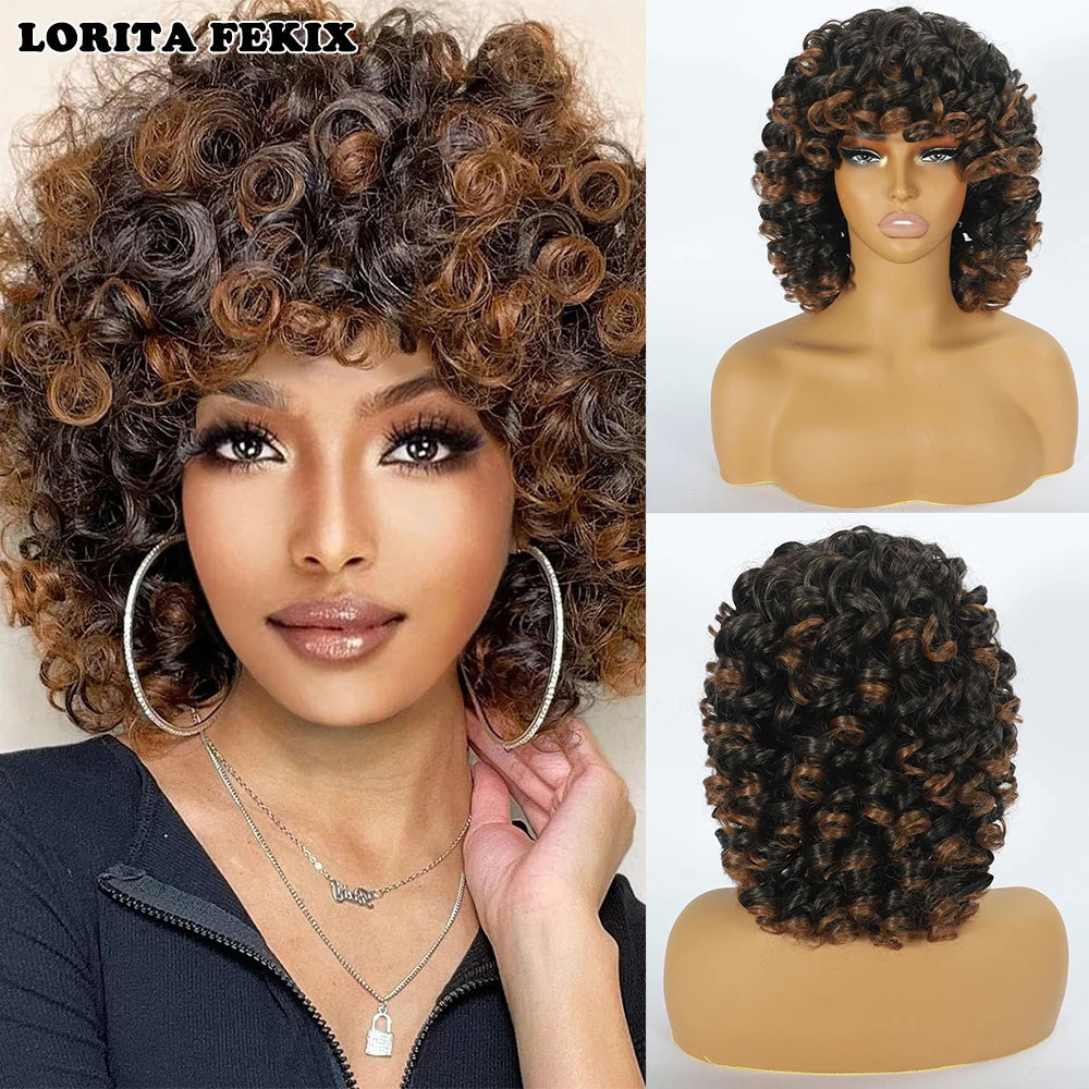 Short Loose Red Curly Wig for Black Women Curly Afro Wig with Bangs Synthetic Fiber Natural Looking Glueless Hair for Daily Wear